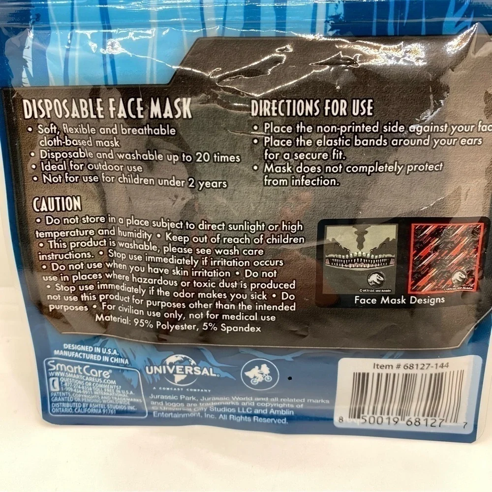 Jurassic World Kids Dinosaur Washable Cloth Face Mask Ages 2+ New In Package